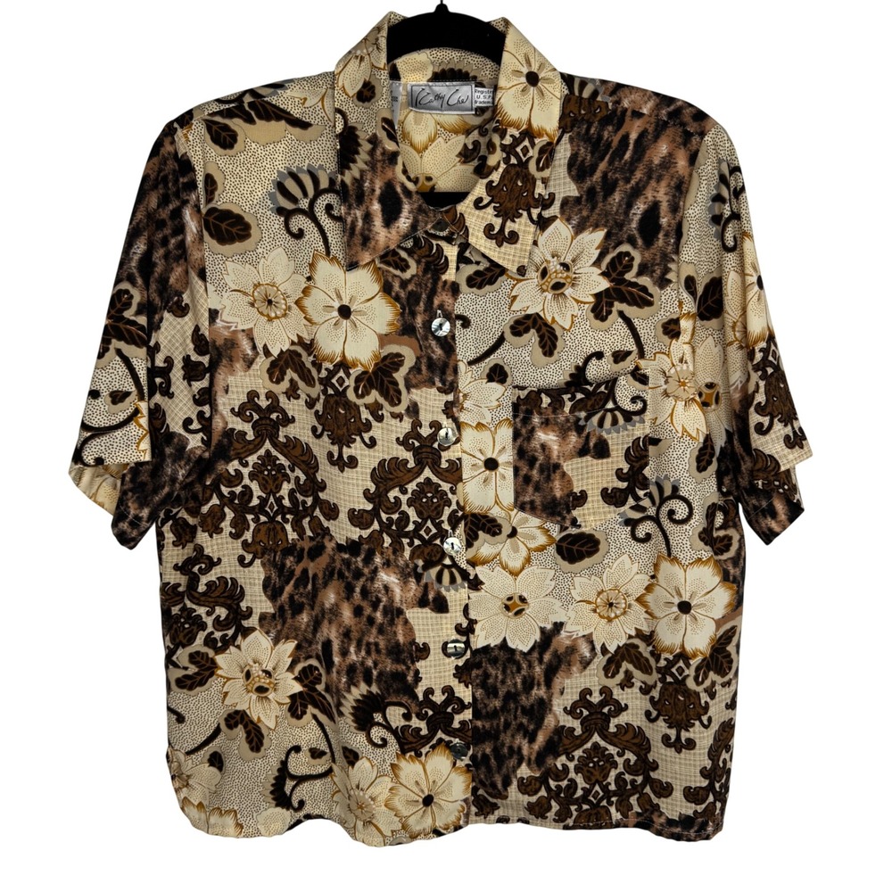 Cathy Che Hipster Brown Floral and‎ Leopard Print Button Up Shirt Women's Sz 12